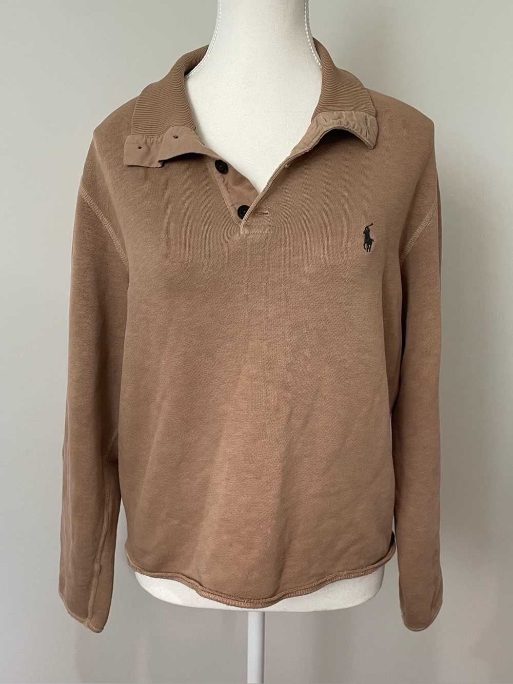Polo Ralph Lauren Henley Fleece Neutral Tan Size Medium Cropped Pony Logo Preppy